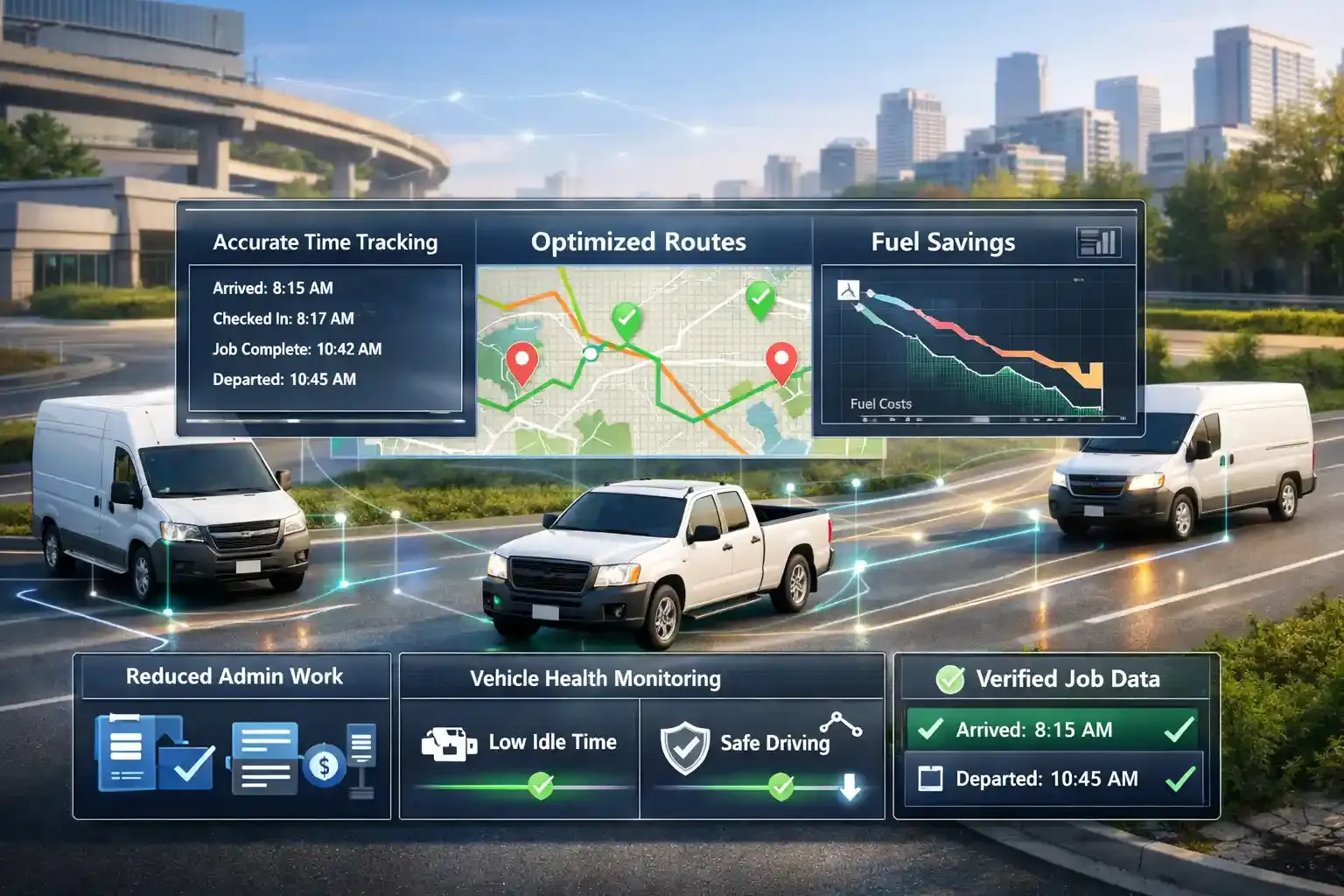 GPS fleet dashboard showing routes, time tracking, fuel savings insights